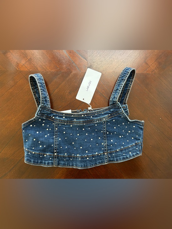 Labijou Tops - Labijou Dark Blue Denim Pearl-Embellished Crop Top size s